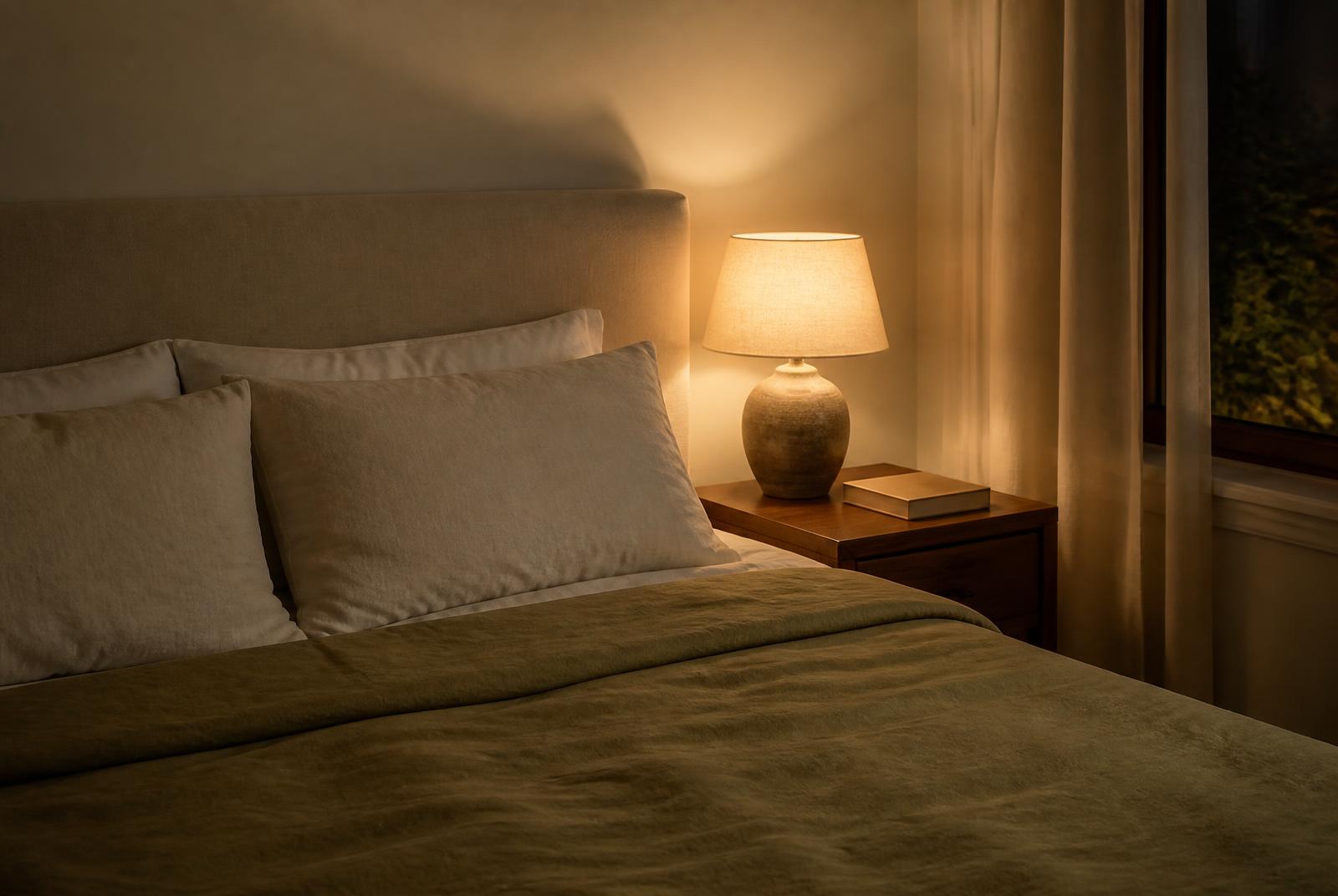 Calm, tidy bedroom at night with a book on the bedside table instead of a phone, supporting the keystone habit of regular sleep