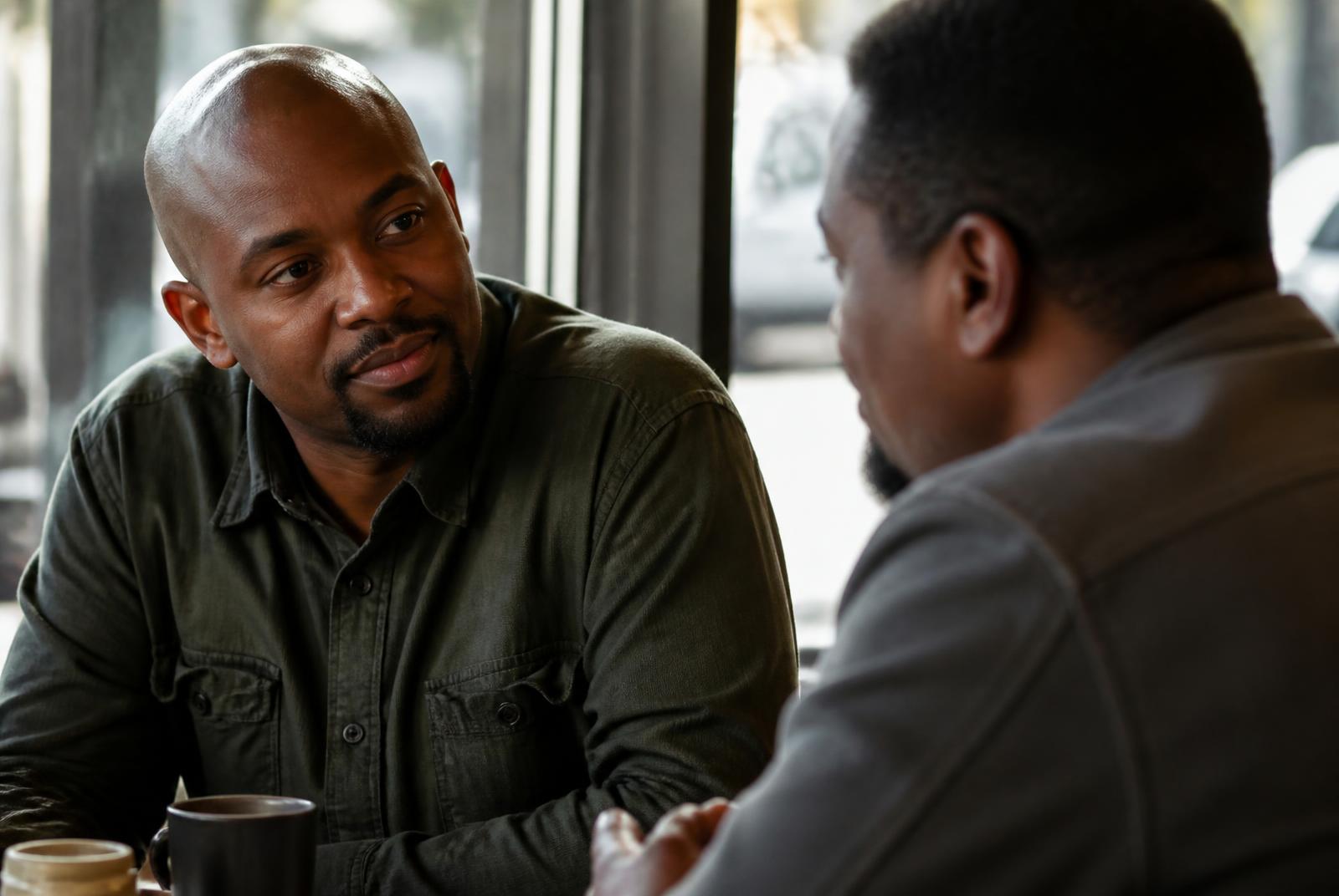 Two men in honest conversation over coffee, one listening carefully — the kind of accountability that helps change a habit