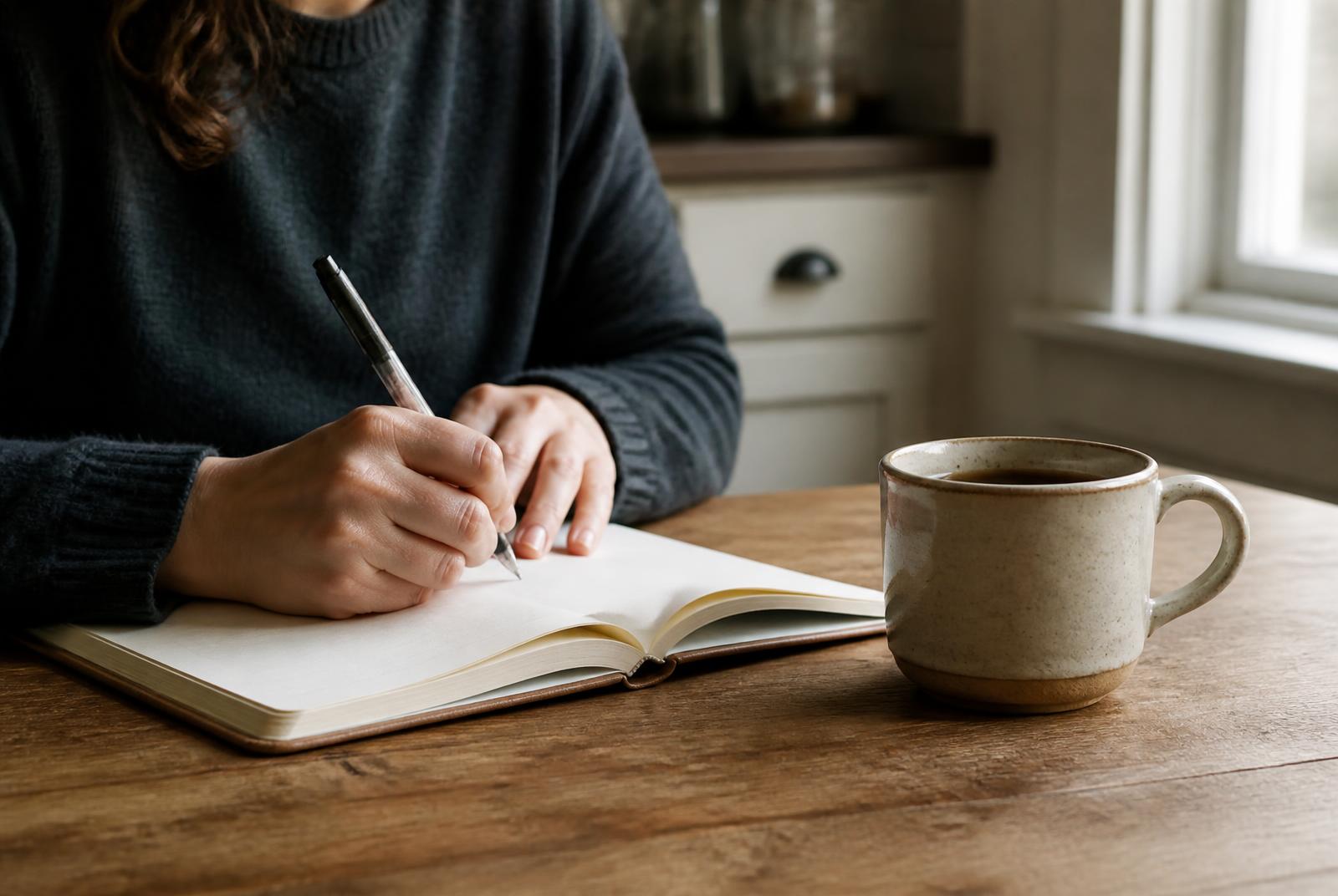 Hands writing in a notebook at a kitchen table beside a mug of morning coffee, reflecting on what drives a habit