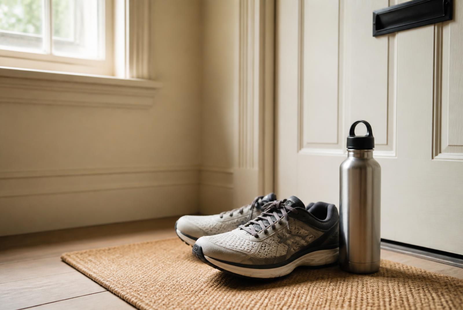 Running shoes and a water bottle placed deliberately by the front door, an environment designed to make a healthy habit easier