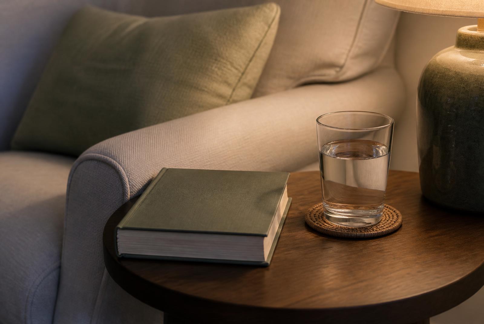 A book and a glass of water on a side table beside an armchair in soft evening light, a small step towards a healthier habit
