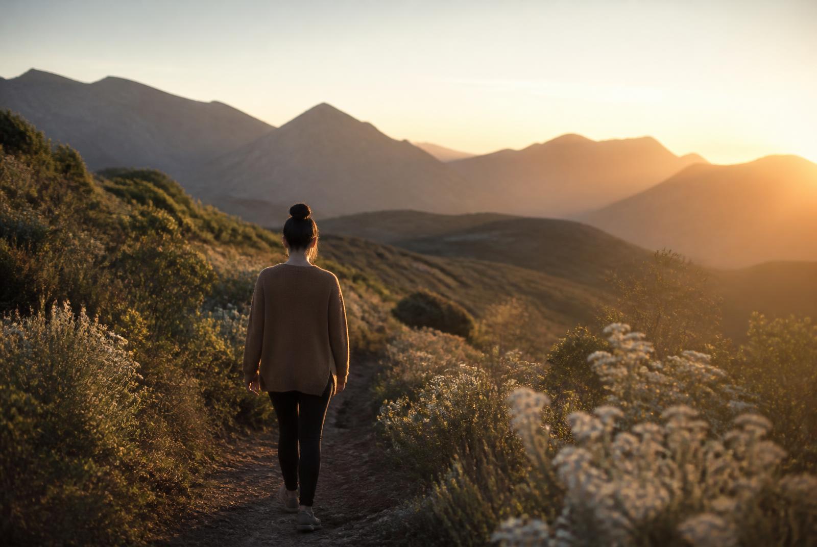 Person seen from behind walking a fynbos path towards early morning light, building healthier habits one step at a time